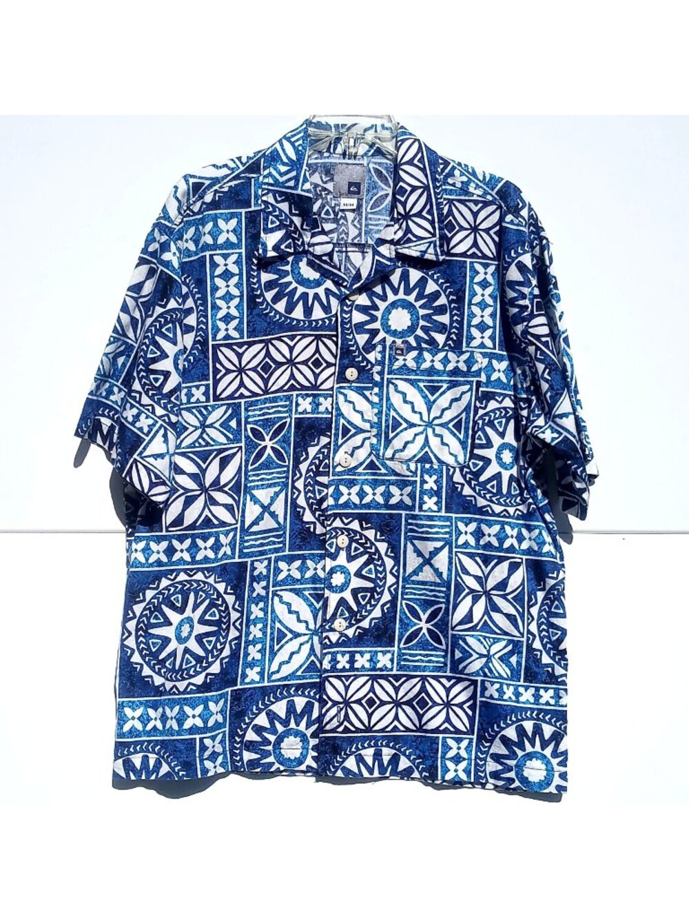 Quiksilver Men Medium Short Sleeve Geometric Tile Print Blue White Button Shirt